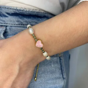 Pink Heart Adjustable Pearl Bracelet