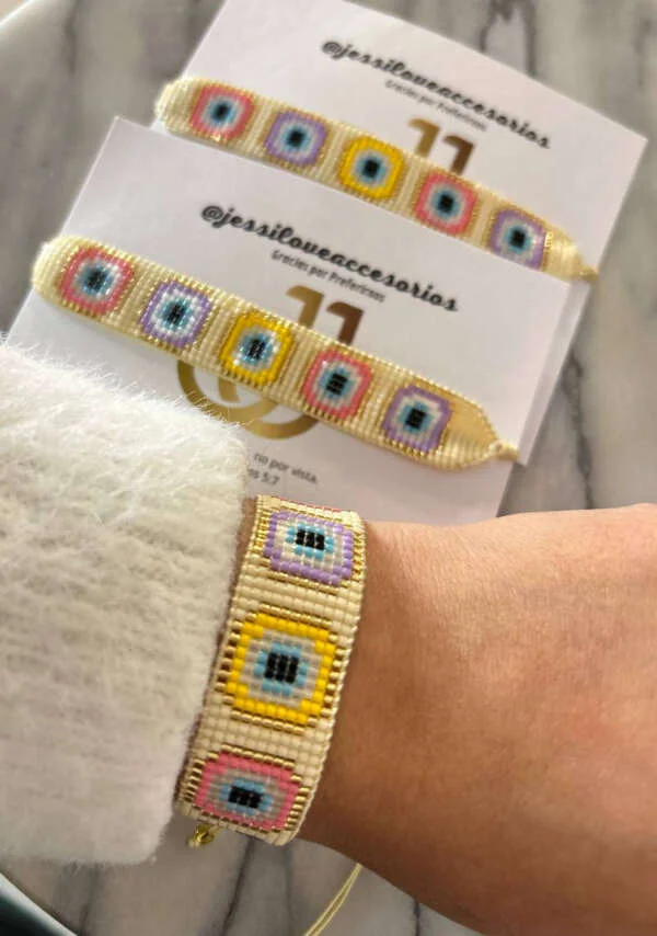 Adjustable bracelet - Beige Miyuki Turkish Eyes